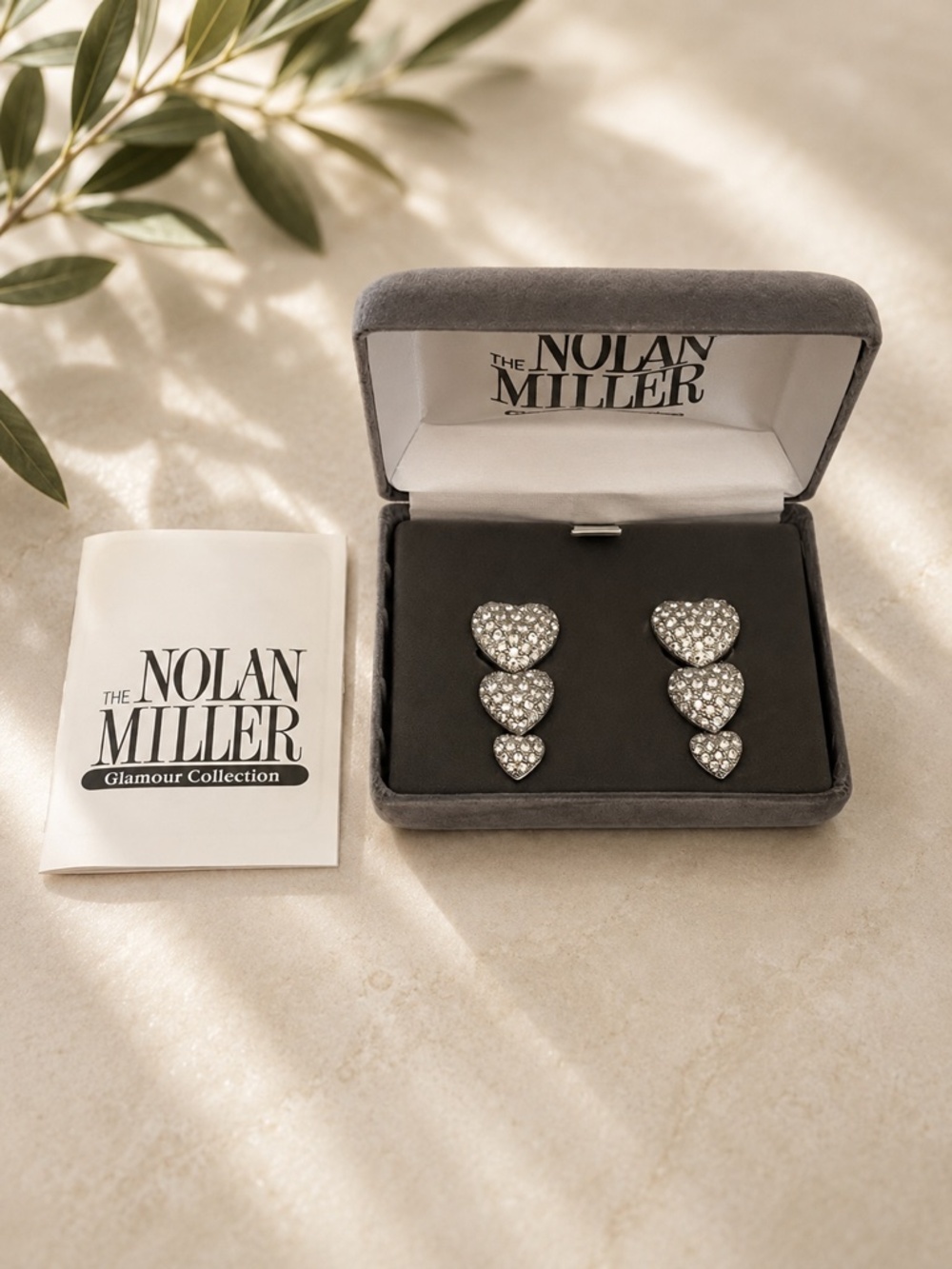 NEW IN BOX Vintage Nolan Miller Rhinestone Clip-on Moonlit Heart Earrings